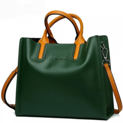 Green Contrast-Handle Leather Tote