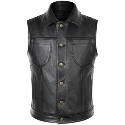 Men's Collared Button-Front Leather Vest