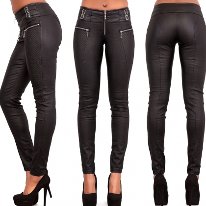 Women's High-Waist Buckle Zip Leather Pants