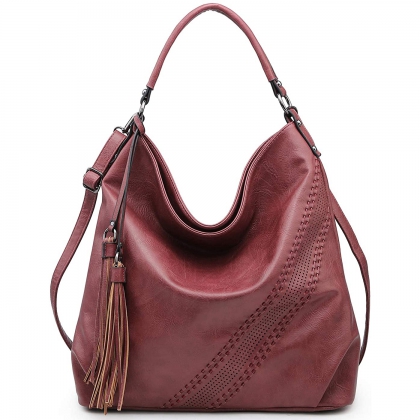 Burgundy Perforated Tassel Hobo Bag