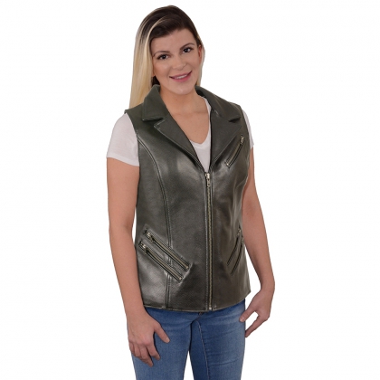 Women's Olive Green Zip-Front Leather Vest