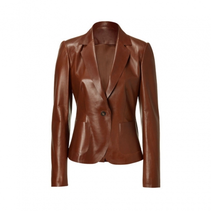 Women's Tan Brown Single-Button Leather Blazer