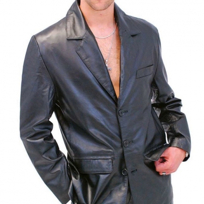 Men’s Black Leather Long Blazer