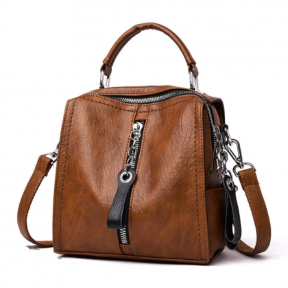 Brown Boxy Zip-Front Handbag