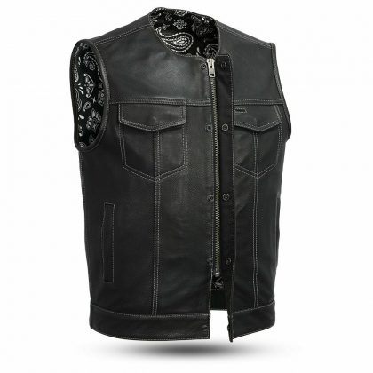 Men's Paisley Lined Collarless Leather Vest
