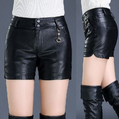 Women's High-Waist Double-Button Leather Shorts