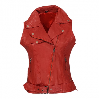 Women's Red Belted Moto Leather Vest