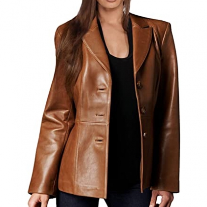 Women's Cognac Brown Three-Button Leather Blazer
