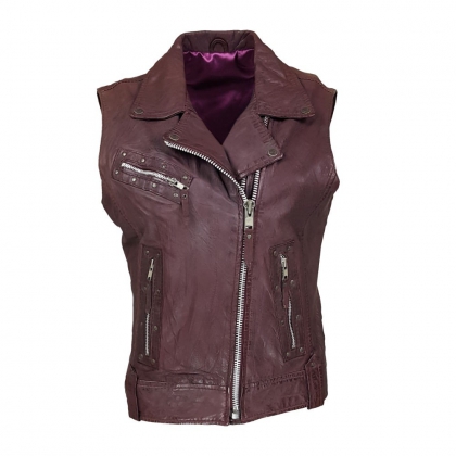 Women's Burgundy Studded Zip Leather Vest