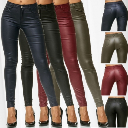 Women's Skinny Fit Coated Denim-Style Leather Pants