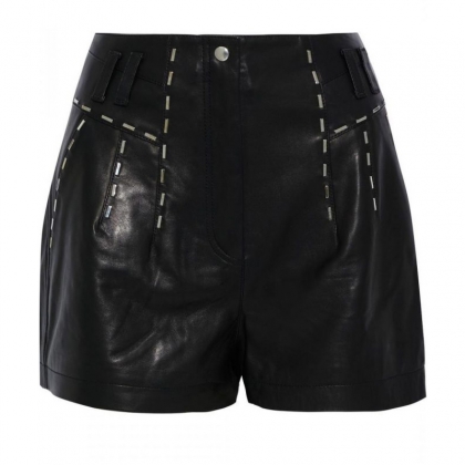 Women's High-Waist Contrast Stitch Leather Shorts