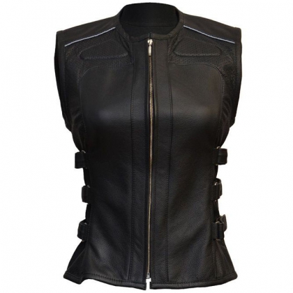 Women's Reflective Piping Buckle Leather Vest