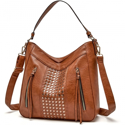 Brown Woven-Panel Hobo Bag
