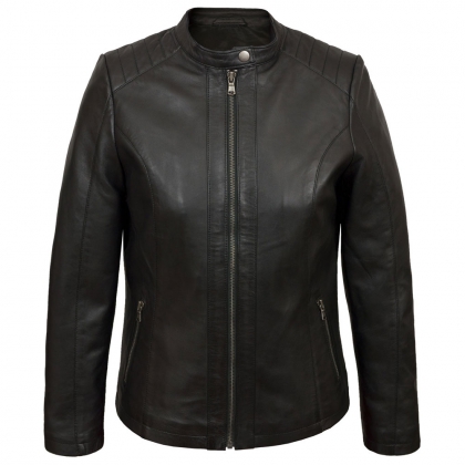 Women’s Black Leather Stand Collar Jacket