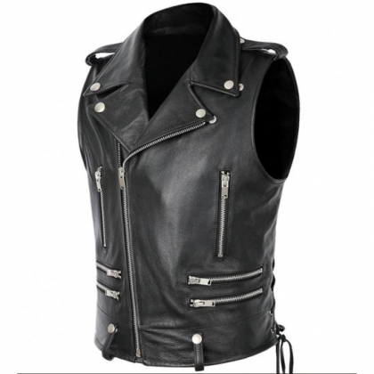 Men's Classic Biker Leather Vest with Zippers