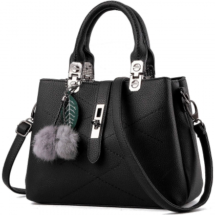 Black Quilted Pom-Pom Handbag
