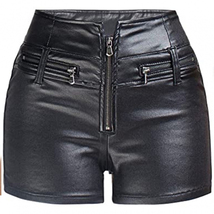 Women's High-Waist Front Zip Leather Shorts