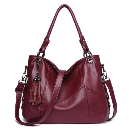 Burgundy Tassel-Charm Hobo Bag
