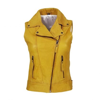 Women's Yellow Asymmetric Zip Leather Vest