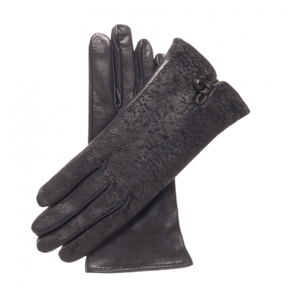 Women's Tweed-Panel Leather Gloves