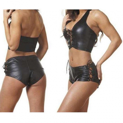 Women’s Black Leather Lace-Up Shorts