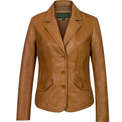 Women's Tan Three-Button Leather Blazer