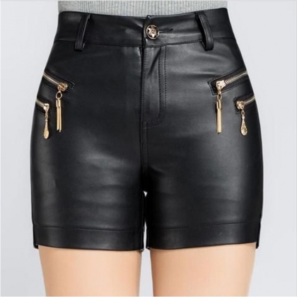 Women's High-Waist Zipper Detail Leather Shorts