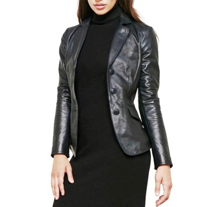 Women's Classic Fitted Leather Blazer Jacket